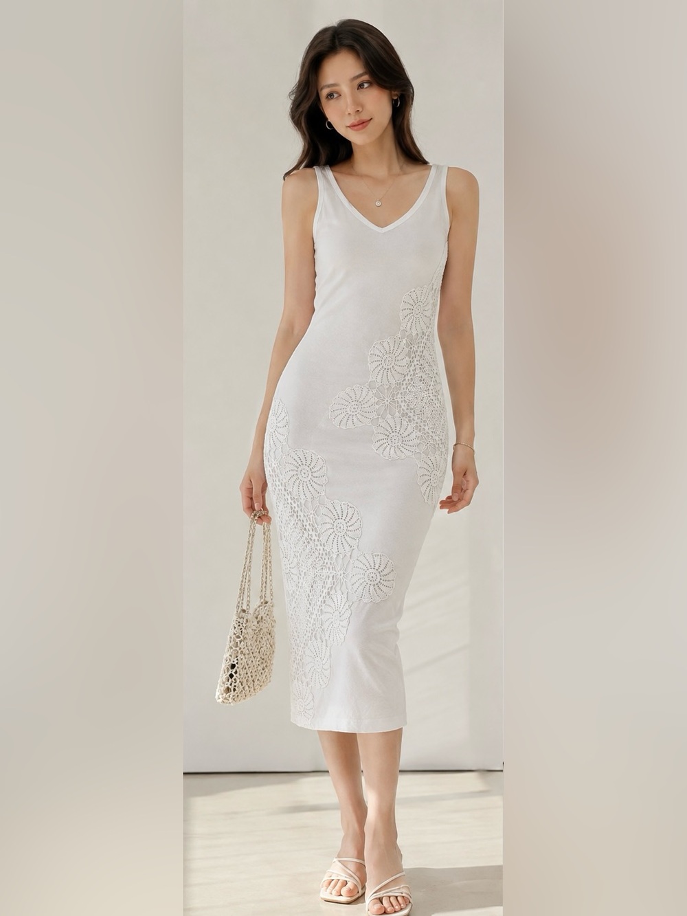White Crochet Accent V-Neck Maxi Dress - Women's
